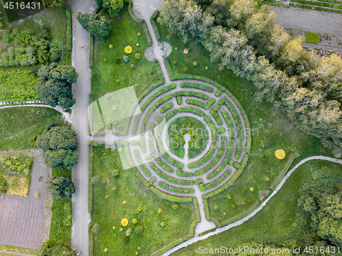 Image of Birds eye view from the drone to a Garden labyrinth of green shrubs in the park.