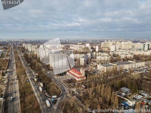Image of A bird\'s eye view, aerial panoramic view from drone to the Darnyts\'kyi district of Kiev, Ukraine at sunset in the summer.