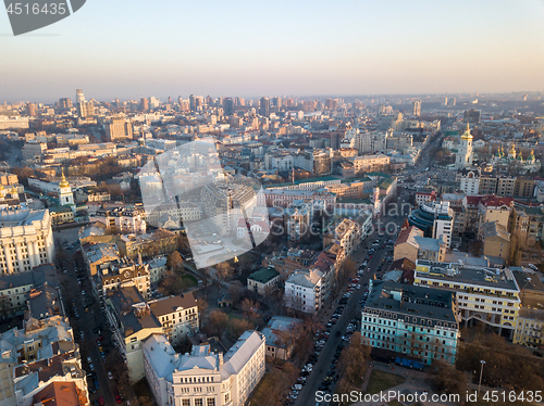 Image of Panoramic aerial view from the drone, a view of the bird\'s eye view of the the central historical part of the city of Kiev, Ukraine, with old buildings of the city.