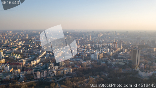 Image of Panoramic aerial view from the drone, a view of the bird\'s eye view of the the central historical part of the city of Kiev, Ukraine, with old buildings of the city.