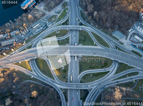 Image of Aerial view from drone of a turbine road interchange in Kiev, the capital of Ukraine Cityscape in summer