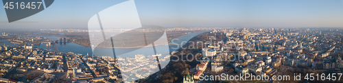 Image of Panorama of Kiev, District Podol and the left bank, the Dnieper River on an April sunny day, Ukraine