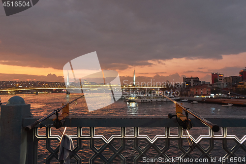 Image of Night view of skyline of Borphorus and Galata bridge, Istanbul, Turkey.