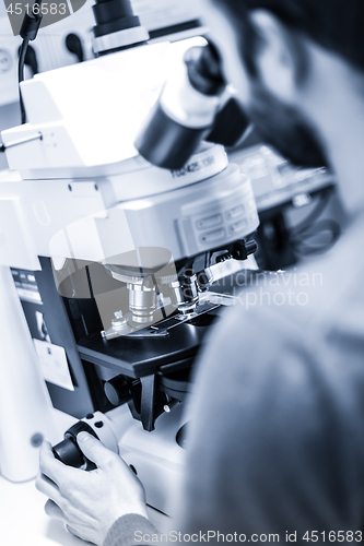 Image of Scientist microscoping on fluorescent microscope.