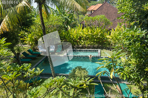 Image of Young woman relaxing in outdoor swimming pool surrounded with lush tropical greenery of Ubud, Bali.