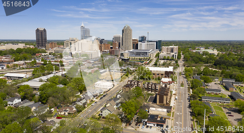 Image of Aerial Perspective Elevating Up Over Raleigh North Carolina Urba