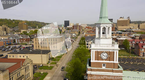 Image of Aerial Elevating Up Over Chruch Clocktower and Charleston West V