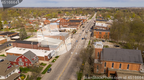 Image of Aerial View Main Street Church and Buildings North Manchester in