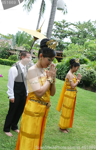 Image of SAMUI - AUGUST 1: Traditional Thai dancers perform during a wedd