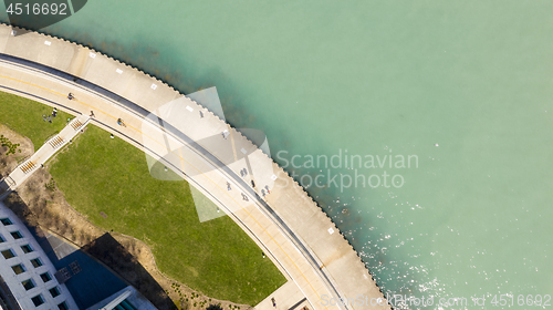 Image of Aerial View People on Walkway Lake Michigan Chicago
