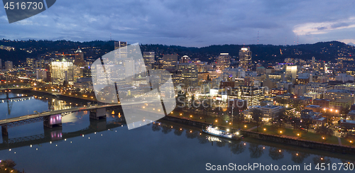 Image of Willamette River Bridges and Waterfront Overcast Night Portland 