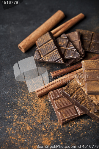 Image of Chocolate bar pieces heap witn cinnamon powder and sticks. Broke