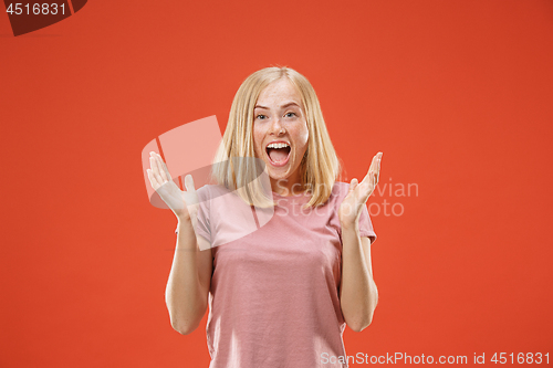 Image of Winning success woman happy ecstatic celebrating being a winner. Dynamic energetic image of female model