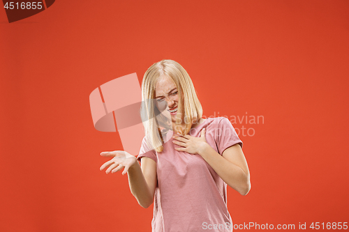 Image of happy woman. image of female model on red