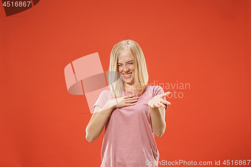 Image of happy woman. image of female model on red