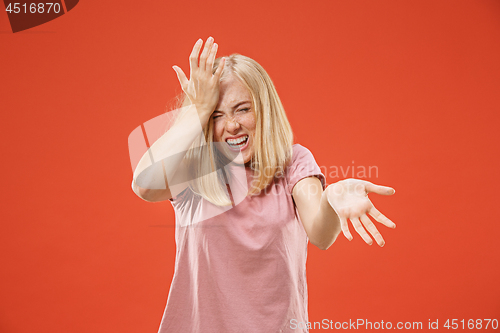 Image of happy woman. image of female model on red