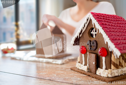 Image of close up of christmas gingerbread house at home