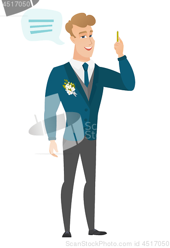 Image of Young caucasian groom with speech bubble.