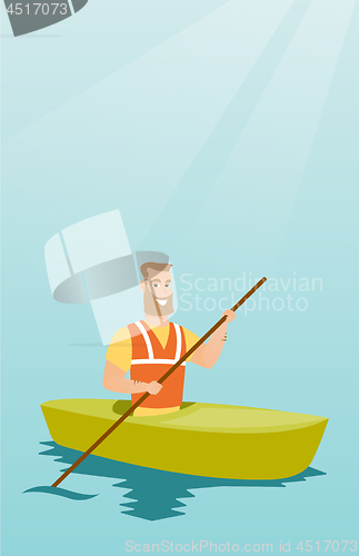 Image of Young caucasian man travelling by kayak.