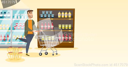 Image of Caucasian man running with a trolley in the store.