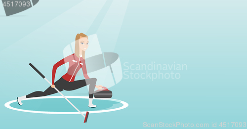 Image of Sportswoman playing curling on a skating rink.