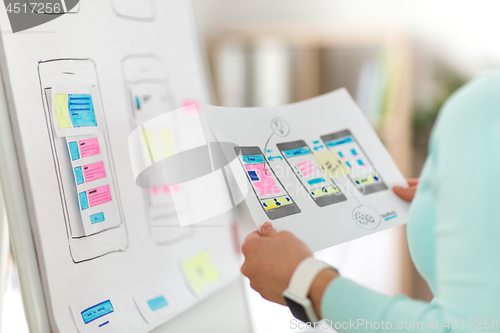 Image of close up of ui designer with templates at office