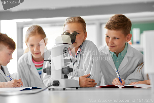 Image of kids or students with microscope biology at school