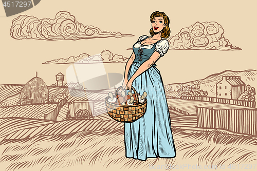 Image of village woman with a basket of mushrooms. engraving effect