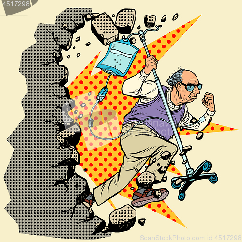 Image of stop ageism. An old patient escapes from the hospital, grandpa with a dropper breaks the wall