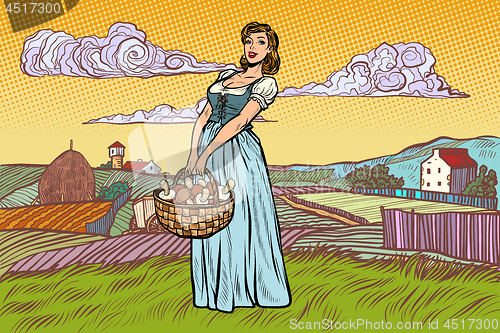 Image of village woman with a basket of mushrooms