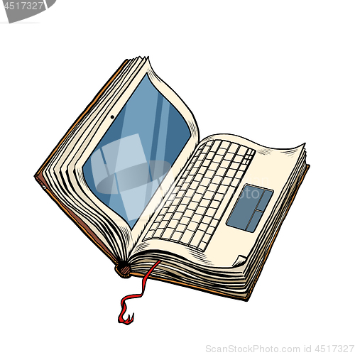 Image of book laptop electronic library, online education isolate on white background