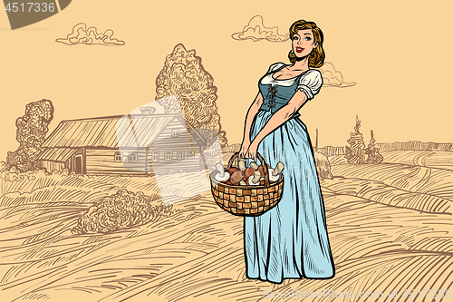 Image of village woman with a basket of mushrooms. engraving effect