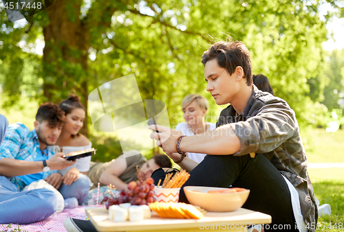 Image of man using smartphone at picnic with friends