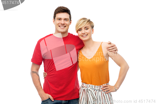 Image of happy couple hugging over white background