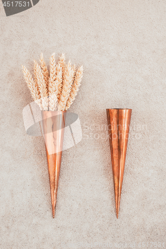 Image of Copper cones and wheat ears on concrete surface