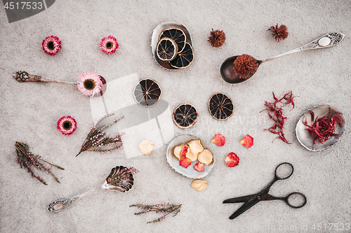 Image of Vintage scissors, herbs and flowers