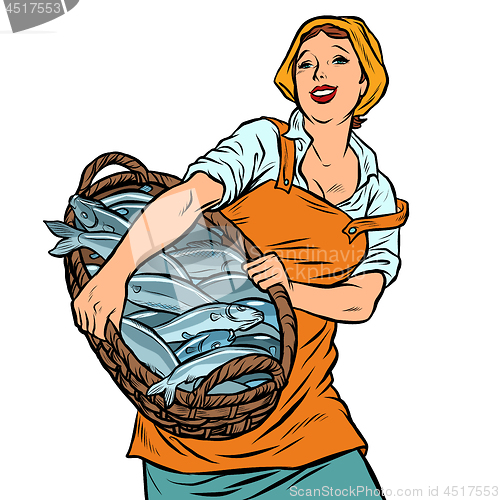 Image of woman fisherman with a basket of fish. oceanic herring and cod