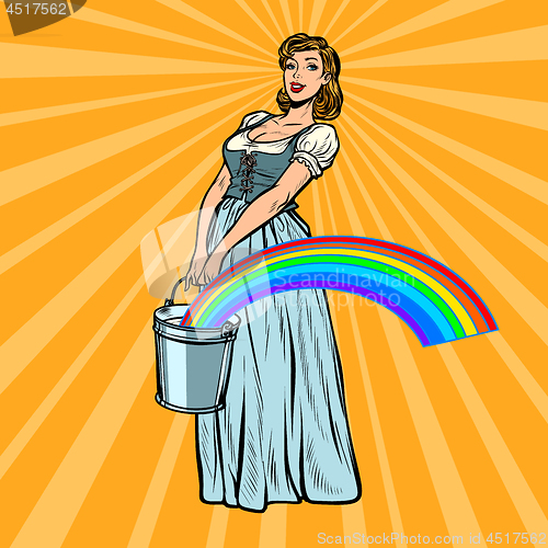 Image of a village woman with a bucket of rainbows