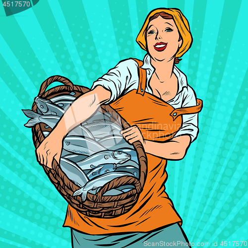 Image of woman fisherman with a basket of fish. oceanic herring and cod