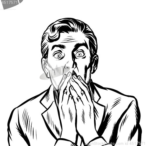 Image of the surprised man covered his mouth with his hands