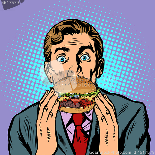 Image of surprised man eating Burger