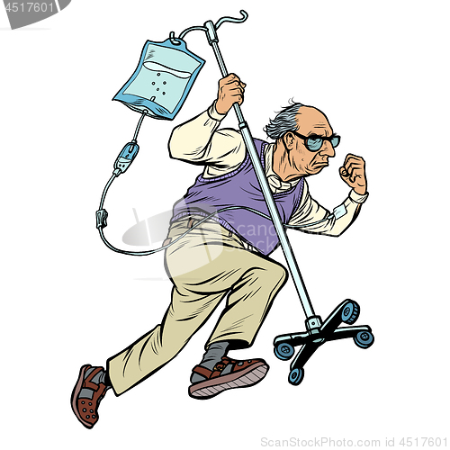 Image of cheerful old man runs with a dropper. age stereotype ageism