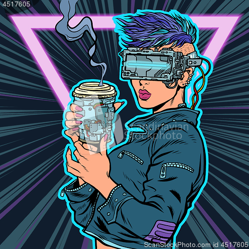 Image of cyberwoman drinks drink. virtual reality glasses