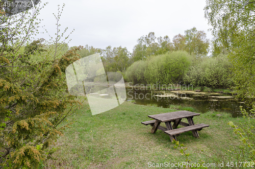 Image of Resting place with furniture in a forest glade by springtime