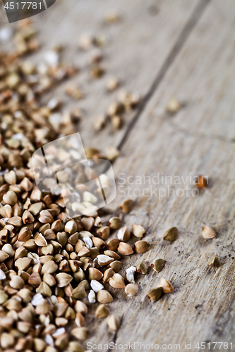 Image of Fresh green dry buckwheat seads closeup on rustic wooden backgro