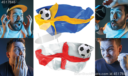 Image of The collage about emotions of football fans of England and Sweden teems and flags isolated on white background