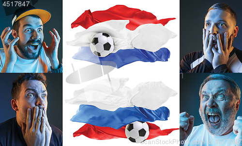 Image of The collage about emotions of football fans of Russia and Croatia teems and flags isolated on white background