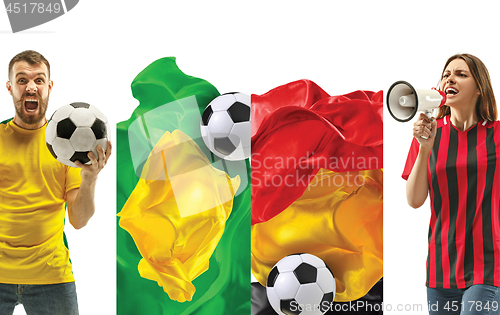 Image of The collage about emotions of football fans of Brazil and Belgium teems and flags isolated on white background