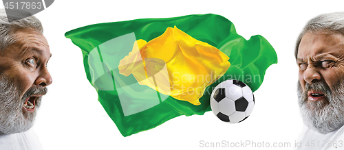 Image of Brazilian fan celebrating on white background. The senior man at white studio. Fan, support concept. Human emotions concept.