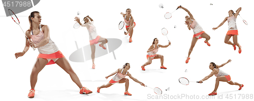 Image of Young woman playing badminton over white background